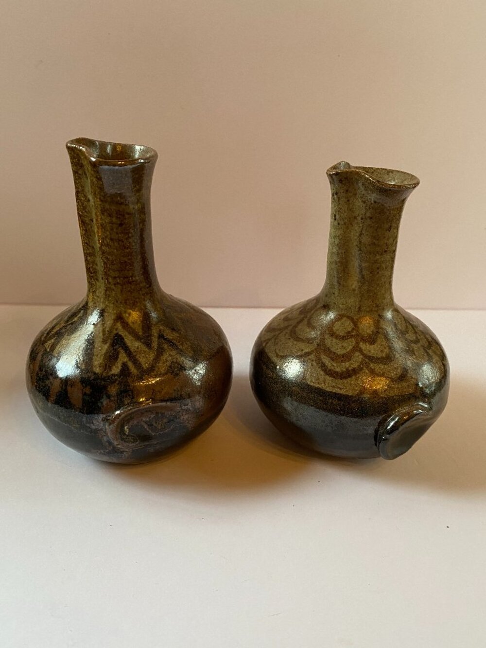 Vintage Art Pottery Pair of Signed Sake Wine Cruets w/ Thumb Indent for Pouring
